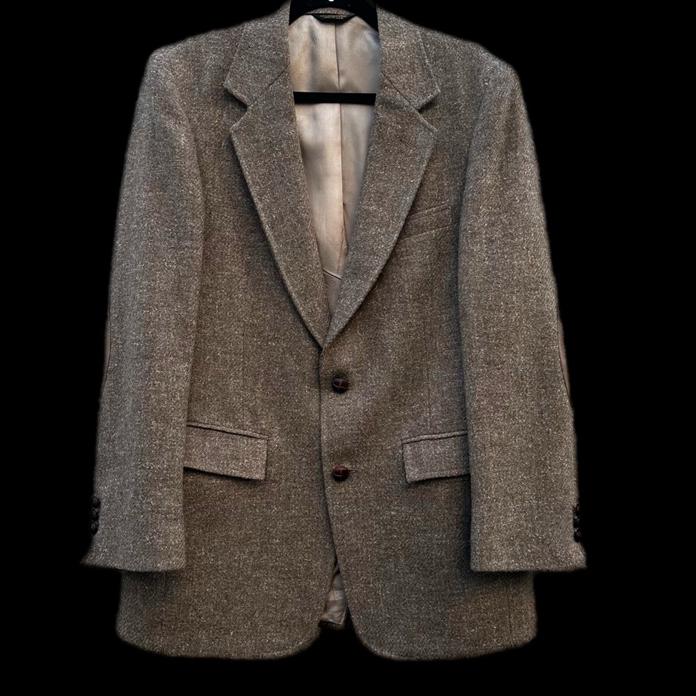 VINTAGE HUNTING HORN WOOL SPORTS COAT BLAZER W/ SUEDE ELBOWS 41” chest